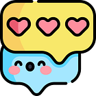 Icon of two speech bubbles, one with a happy face, another with hearts in it