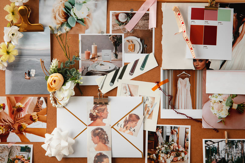 A bridal vision board with lots of wedding themed photos