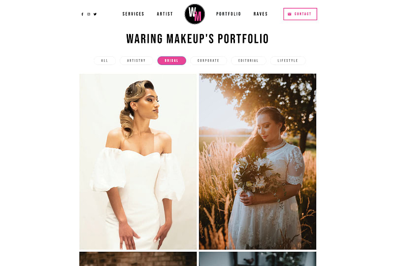 Screenshot of Waring Makeup's bridal makeup portfolio page